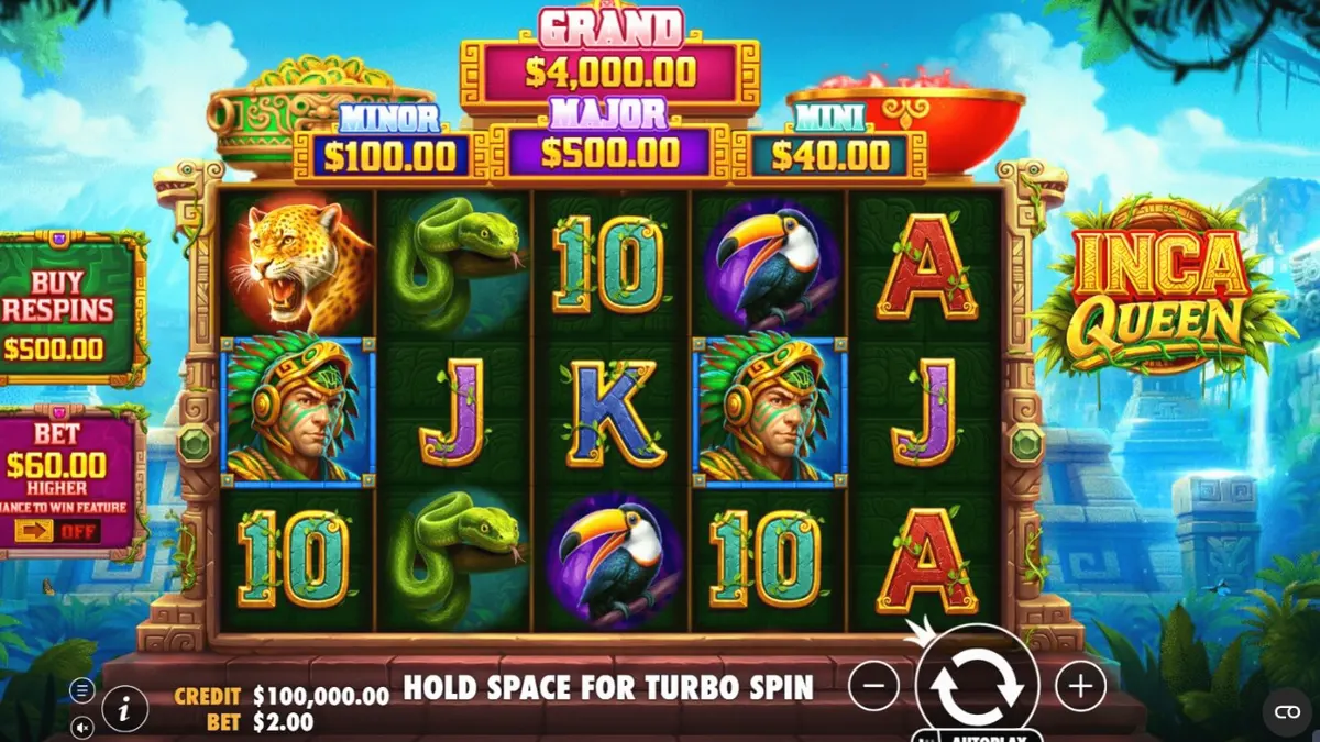 Tampilan visual slot Inca Queen dengan latar belakang pegunungan dan kuil kuno