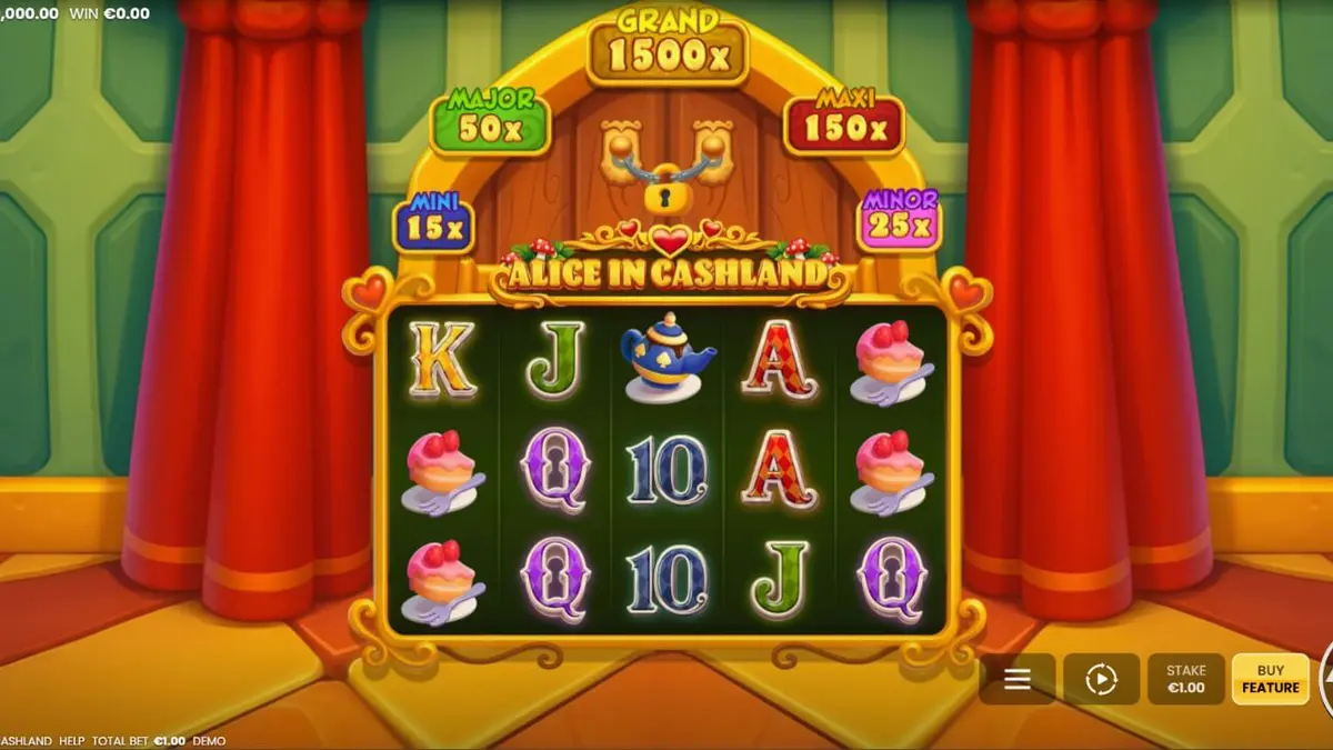Tampilan visual slot Alice in Cashland dengan tema Wonderland yang memukau