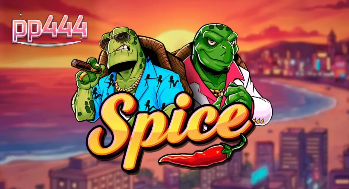 Tampilan visual slot Spice dengan tema kura-kura dan estetika neon pantai